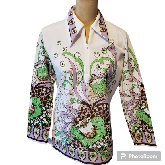 VINTAGE  Green Floral top medium - Picture 2 of 9